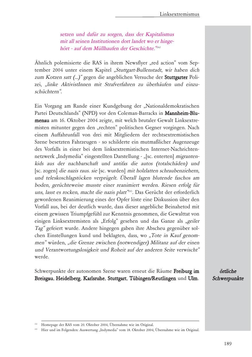 Seite 190 des Verfassungsschutzbericht 2004 Baden-Württemberg