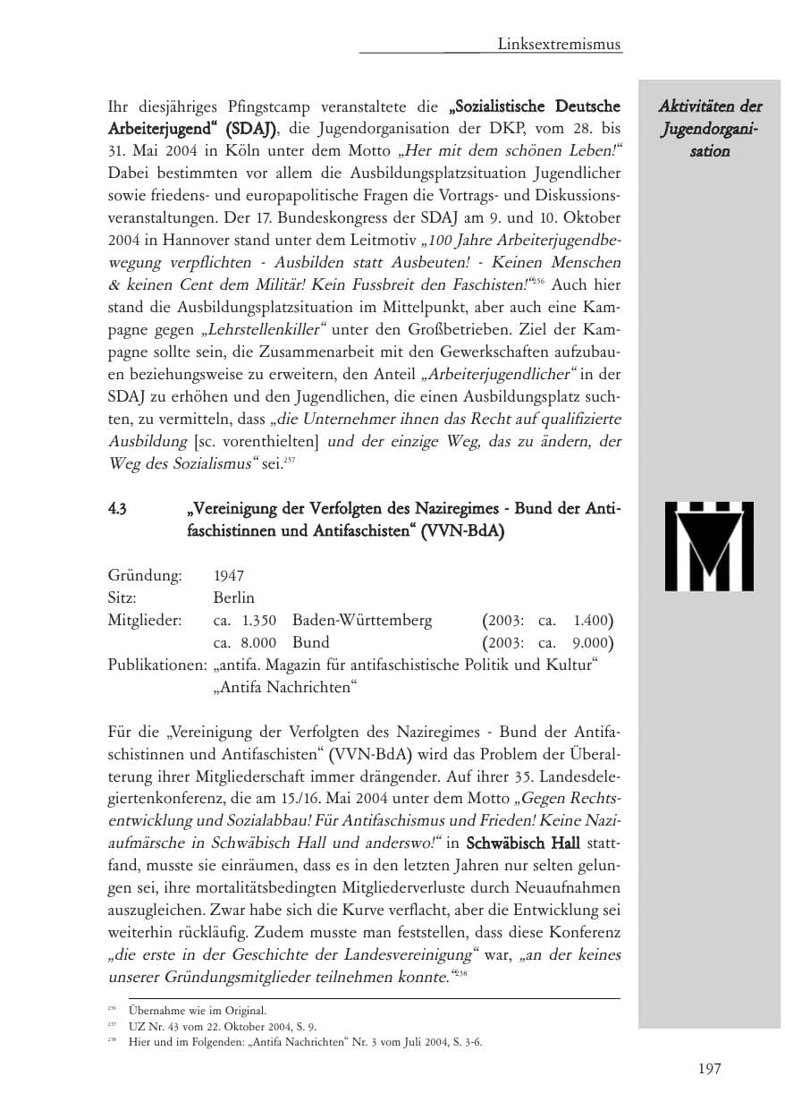 Seite 198 des Verfassungsschutzbericht 2004 Baden-Württemberg