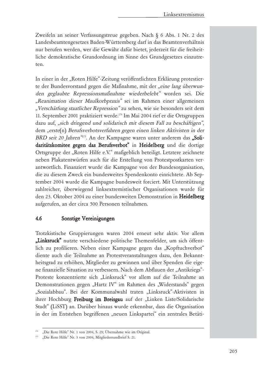 Seite 206 des Verfassungsschutzbericht 2004 Baden-Württemberg