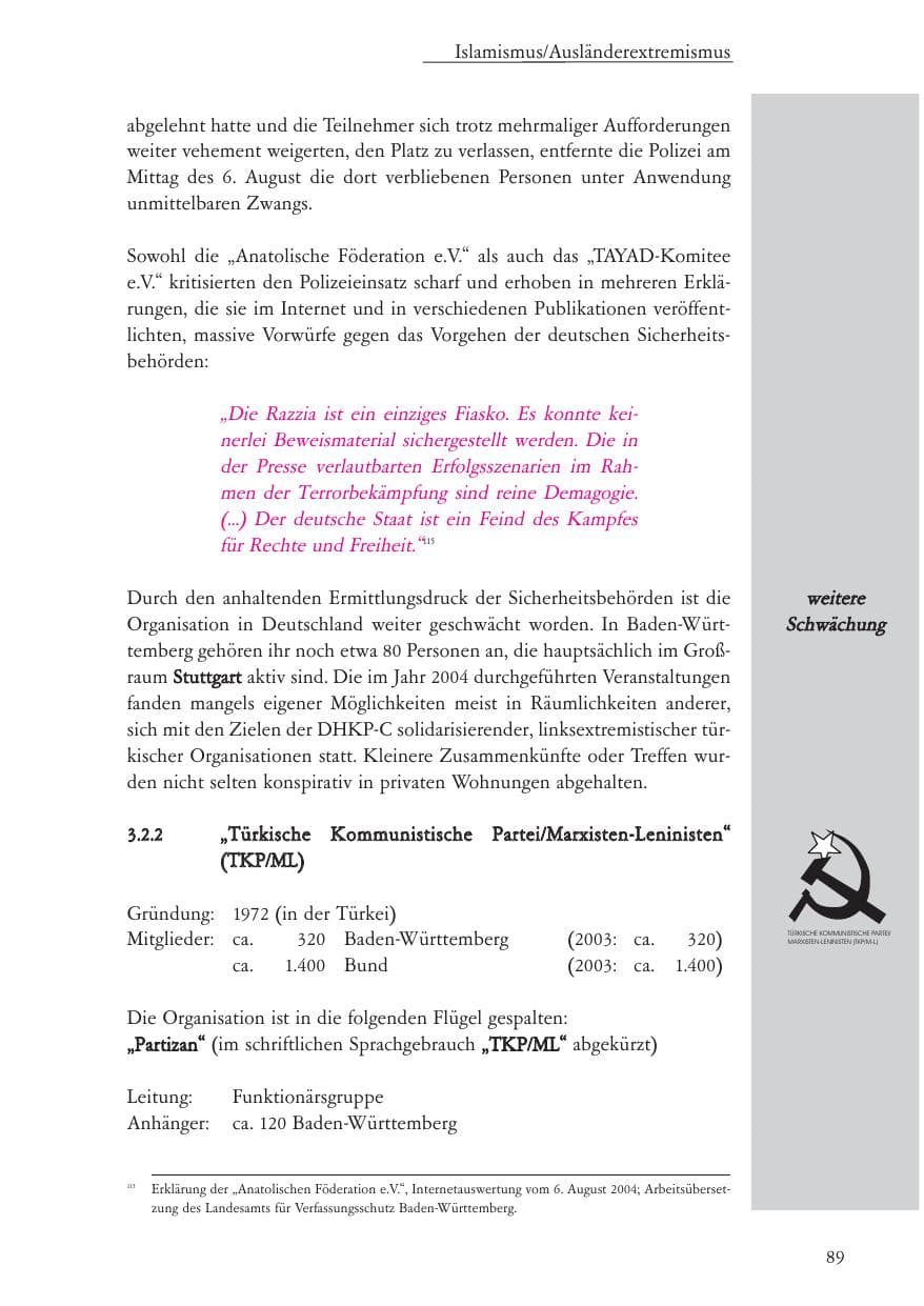 Seite 90 des Verfassungsschutzbericht 2004 Baden-Württemberg