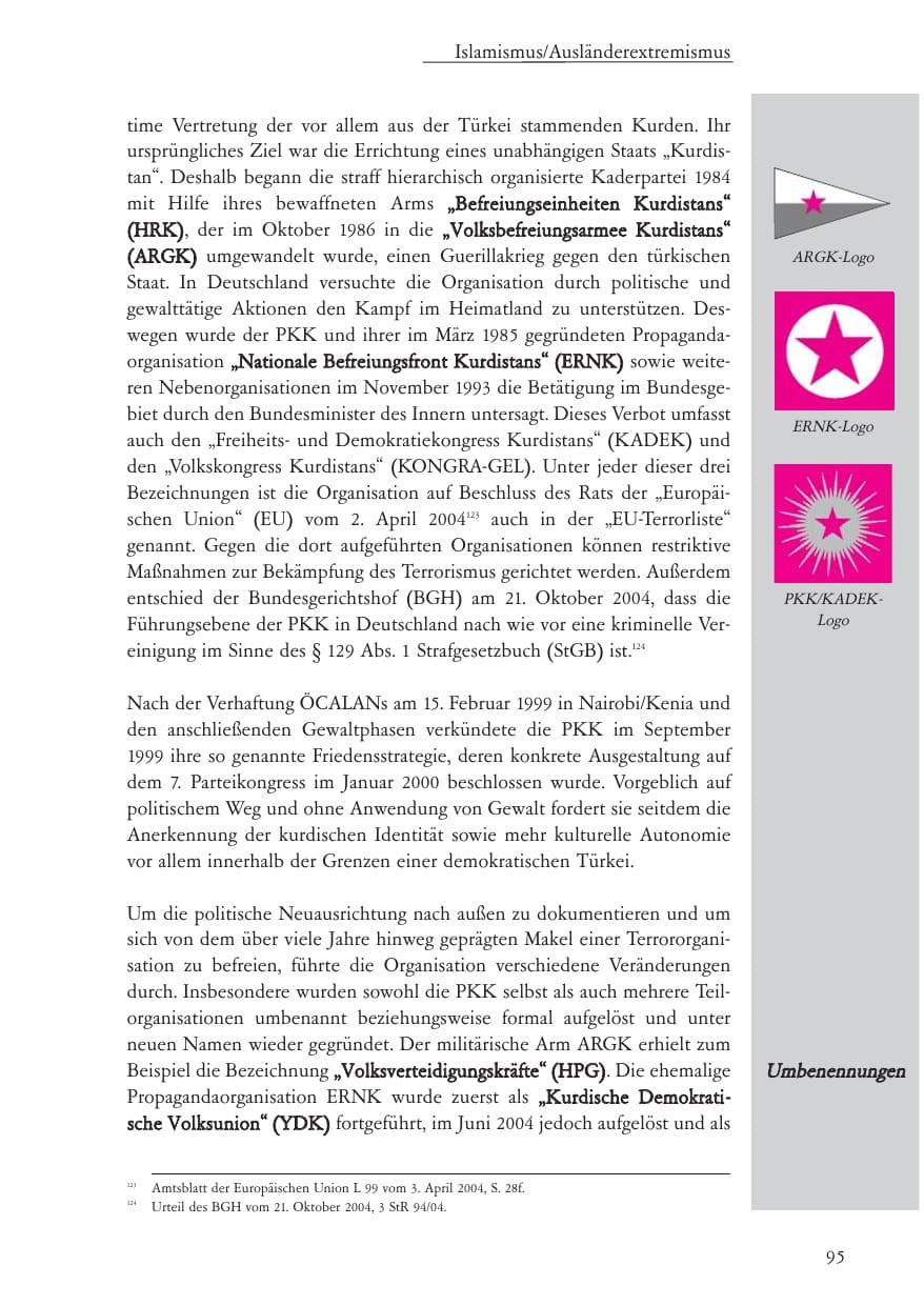 Seite 96 des Verfassungsschutzbericht 2004 Baden-Württemberg