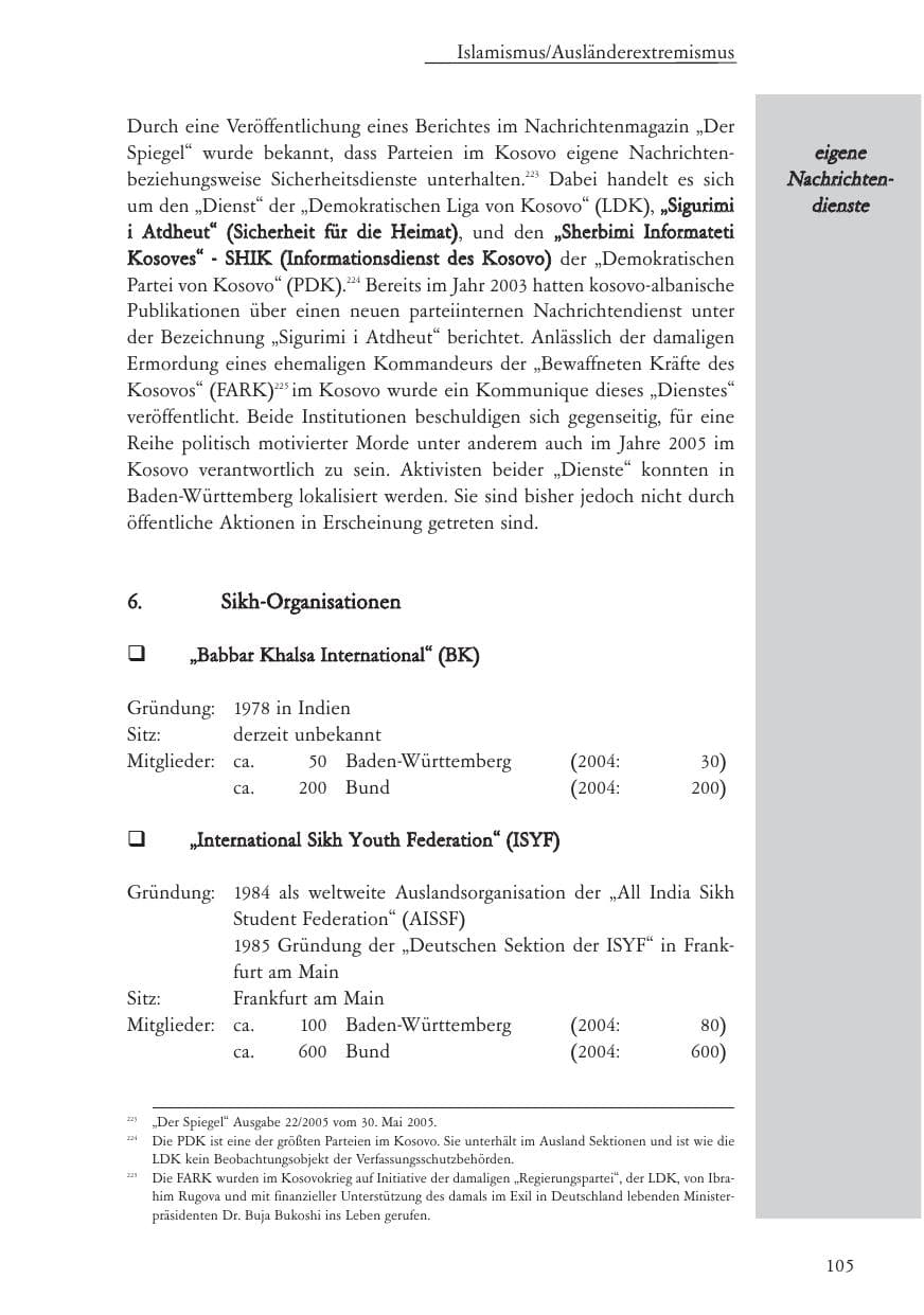 Seite 106 des Verfassungsschutzbericht 2005 Baden-Württemberg