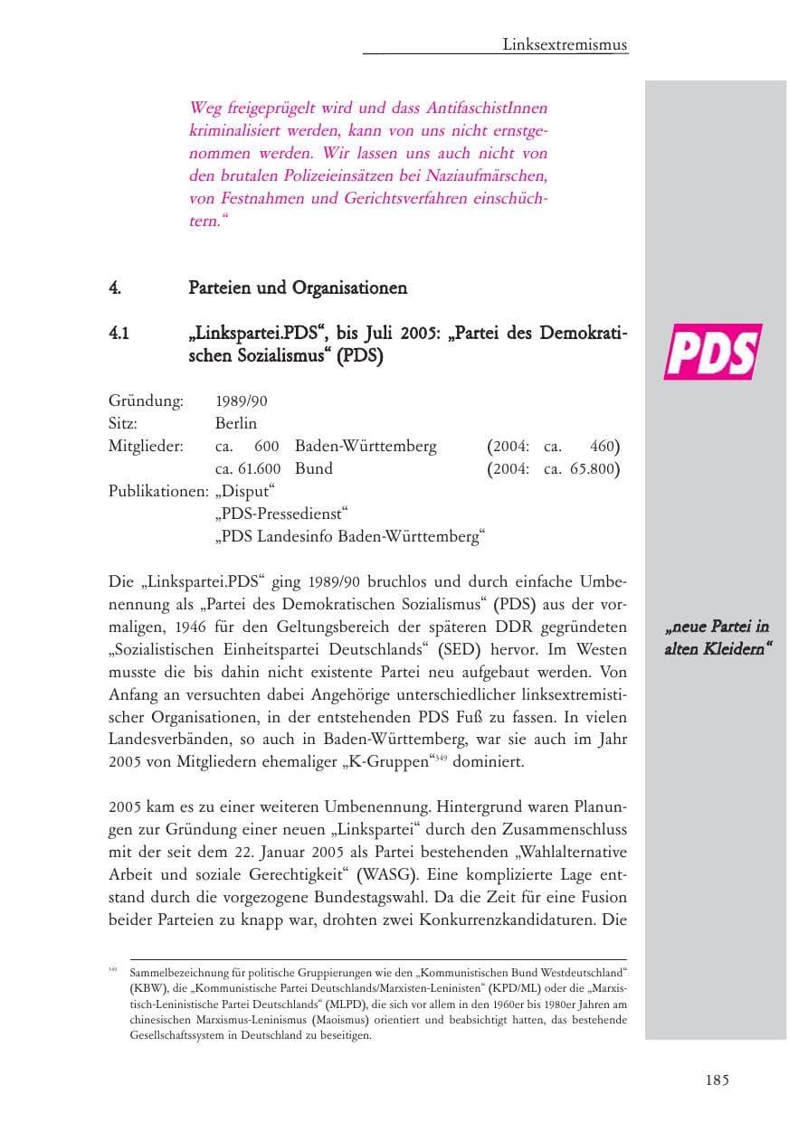 Seite 186 des Verfassungsschutzbericht 2005 Baden-Württemberg