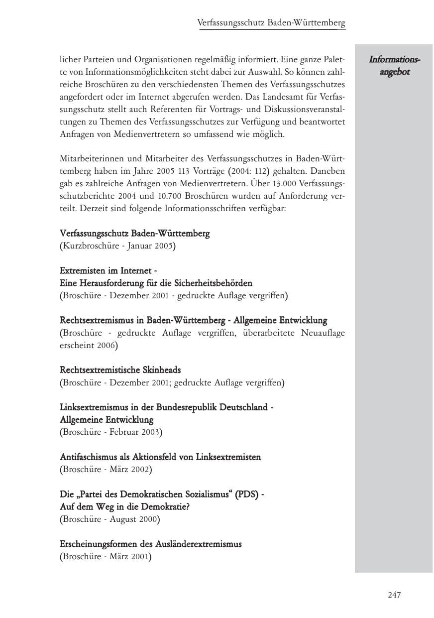 Seite 248 des Verfassungsschutzbericht 2005 Baden-Württemberg