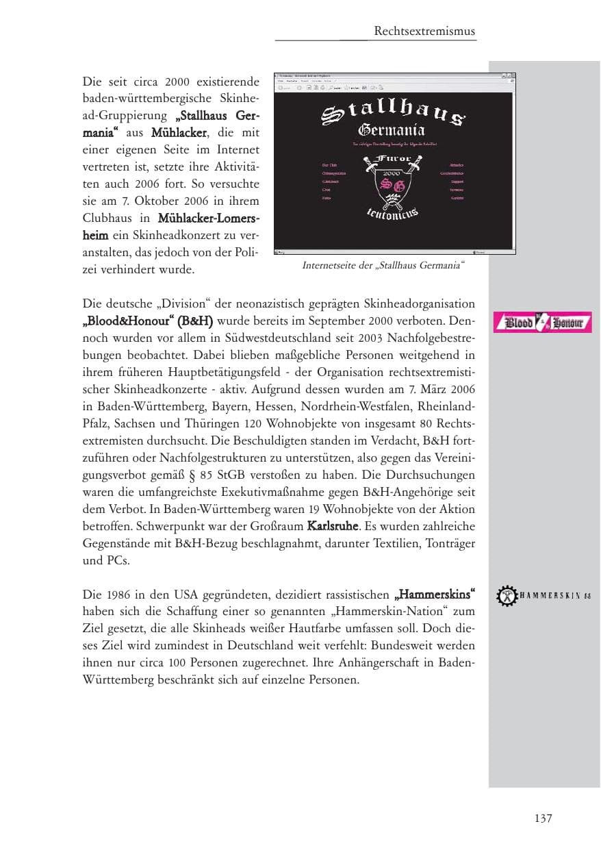 Seite 138 des Verfassungsschutzbericht 2006 Baden-Württemberg