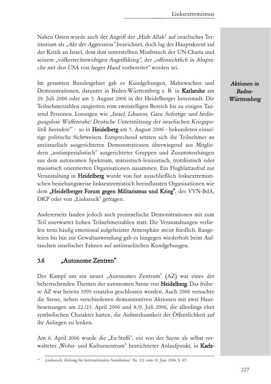 Seite 228 des Verfassungsschutzbericht 2006 Baden-Württemberg