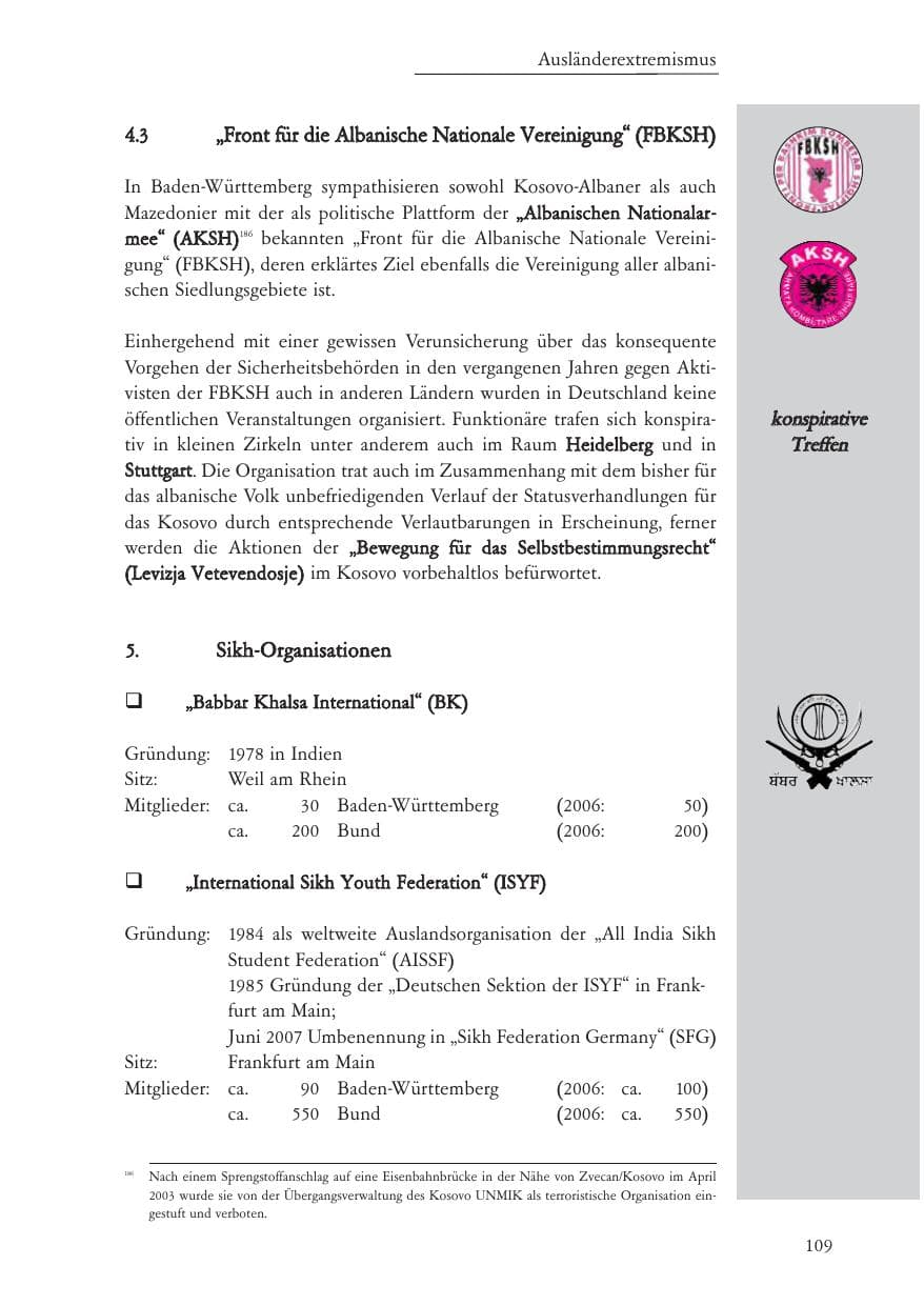 Seite 110 des Verfassungsschutzbericht 2007 Baden-Württemberg