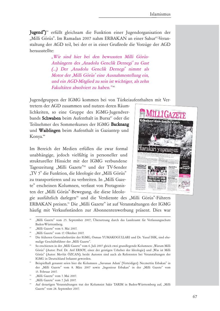 Seite 68 des Verfassungsschutzbericht 2007 Baden-Württemberg