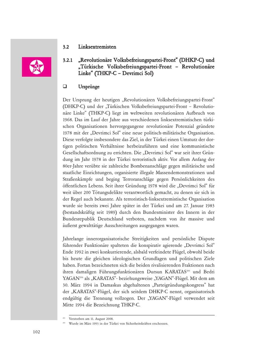 Seite 102 des Verfassungsschutzbericht 2008 Baden-Württemberg