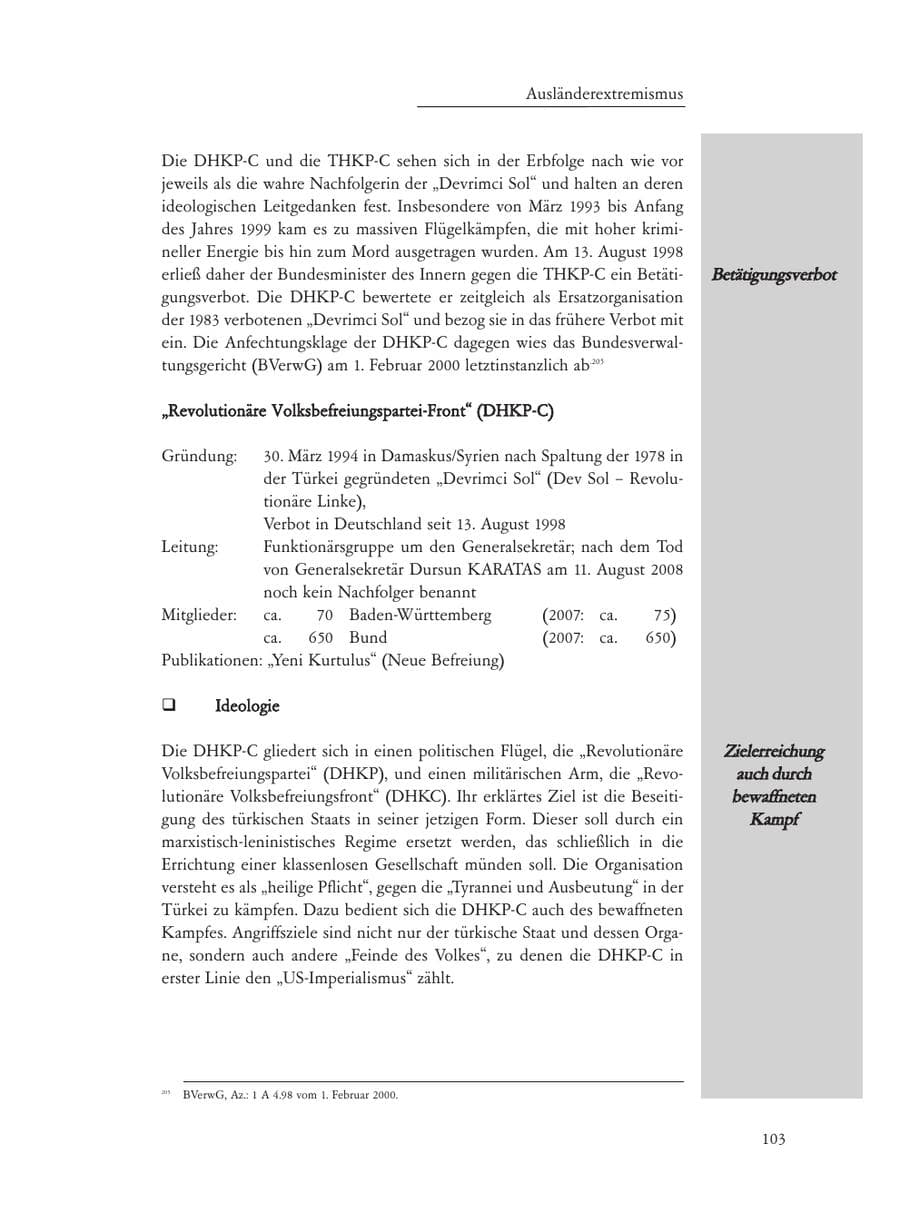Seite 103 des Verfassungsschutzbericht 2008 Baden-Württemberg