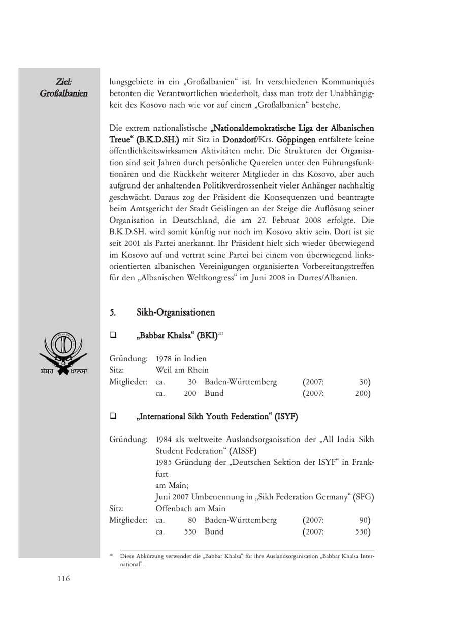 Seite 116 des Verfassungsschutzbericht 2008 Baden-Württemberg