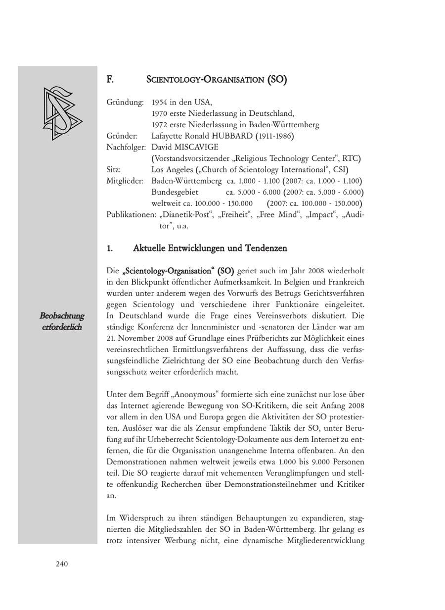 Seite 240 des Verfassungsschutzbericht 2008 Baden-Württemberg