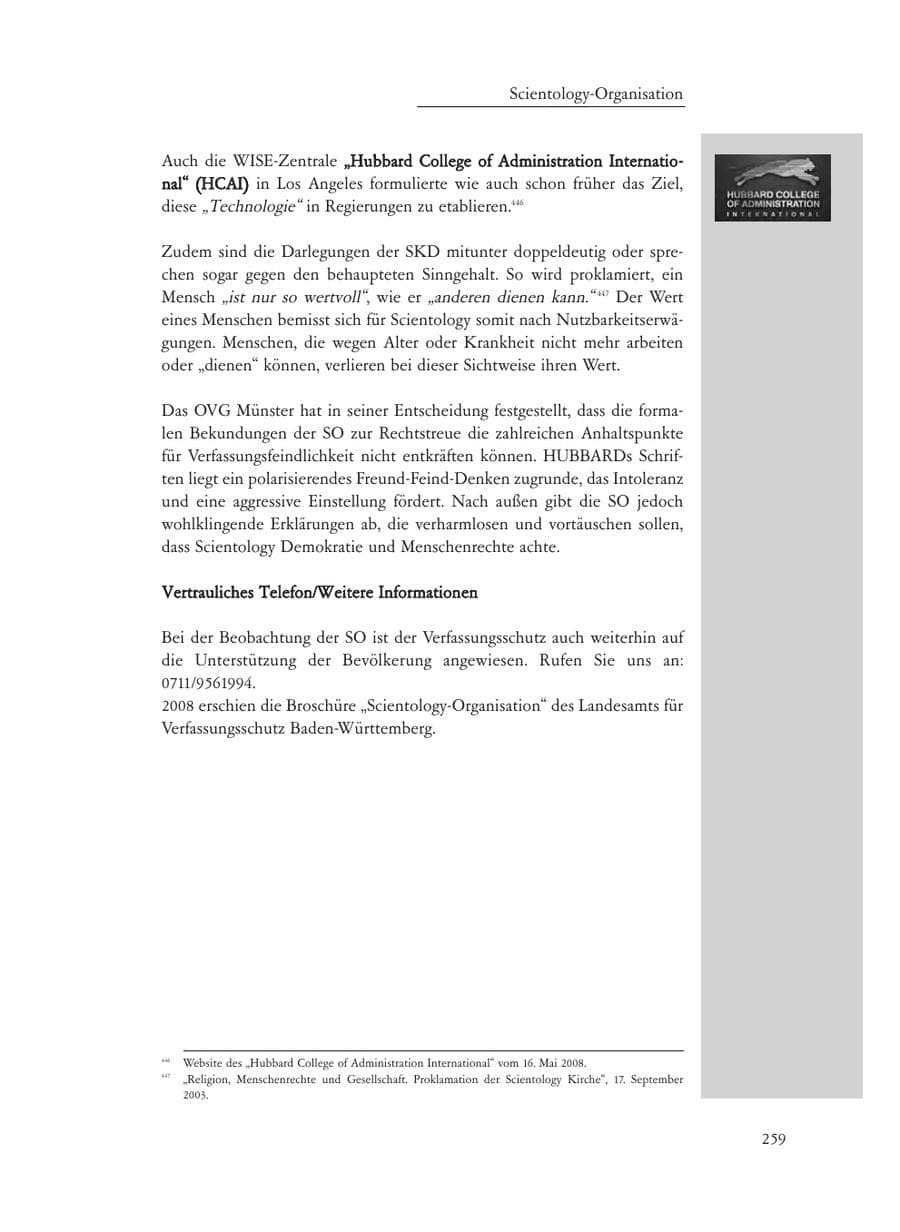 Seite 259 des Verfassungsschutzbericht 2008 Baden-Württemberg