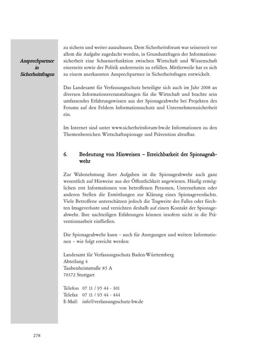 Seite 278 des Verfassungsschutzbericht 2008 Baden-Württemberg