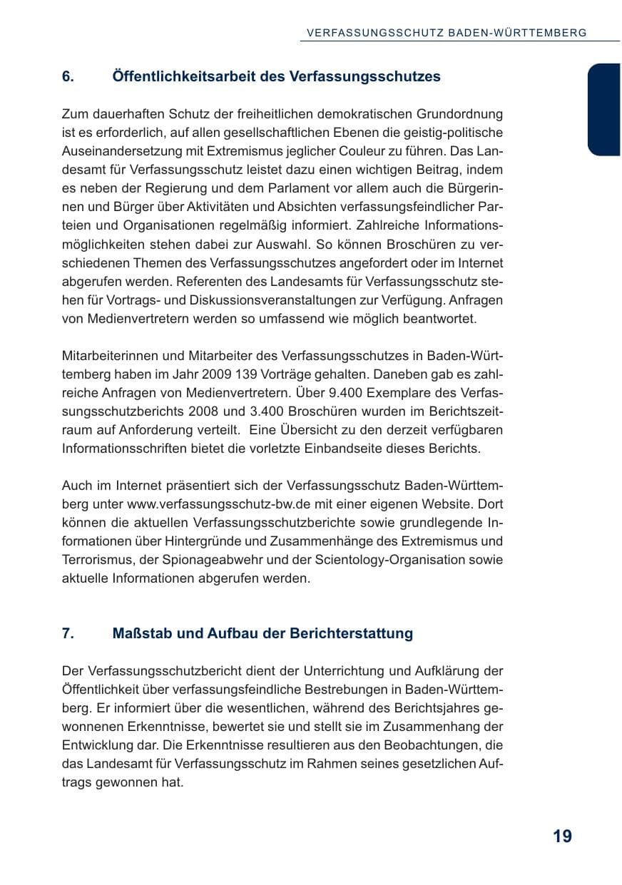 Seite 20 des Verfassungsschutzbericht 2009 Baden-Württemberg