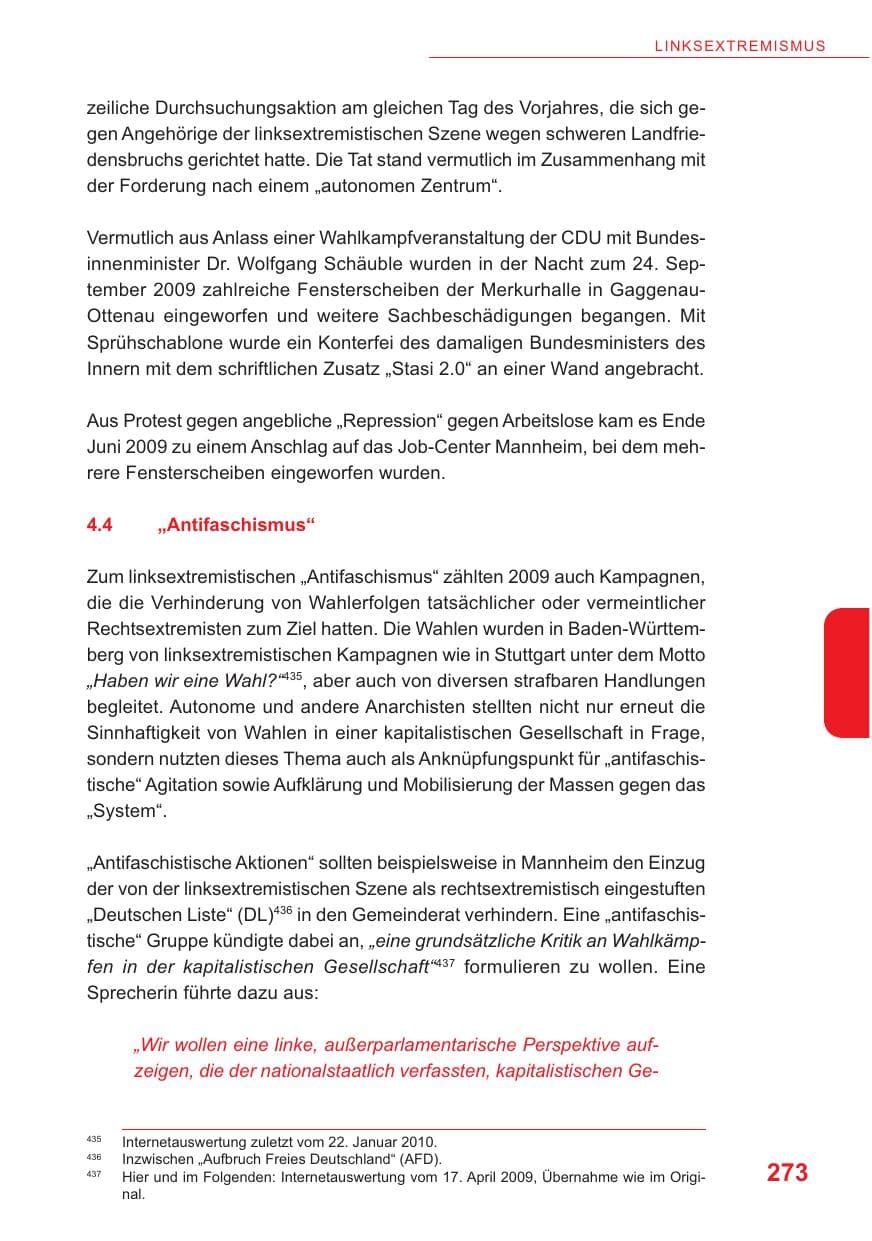 Seite 274 des Verfassungsschutzbericht 2009 Baden-Württemberg
