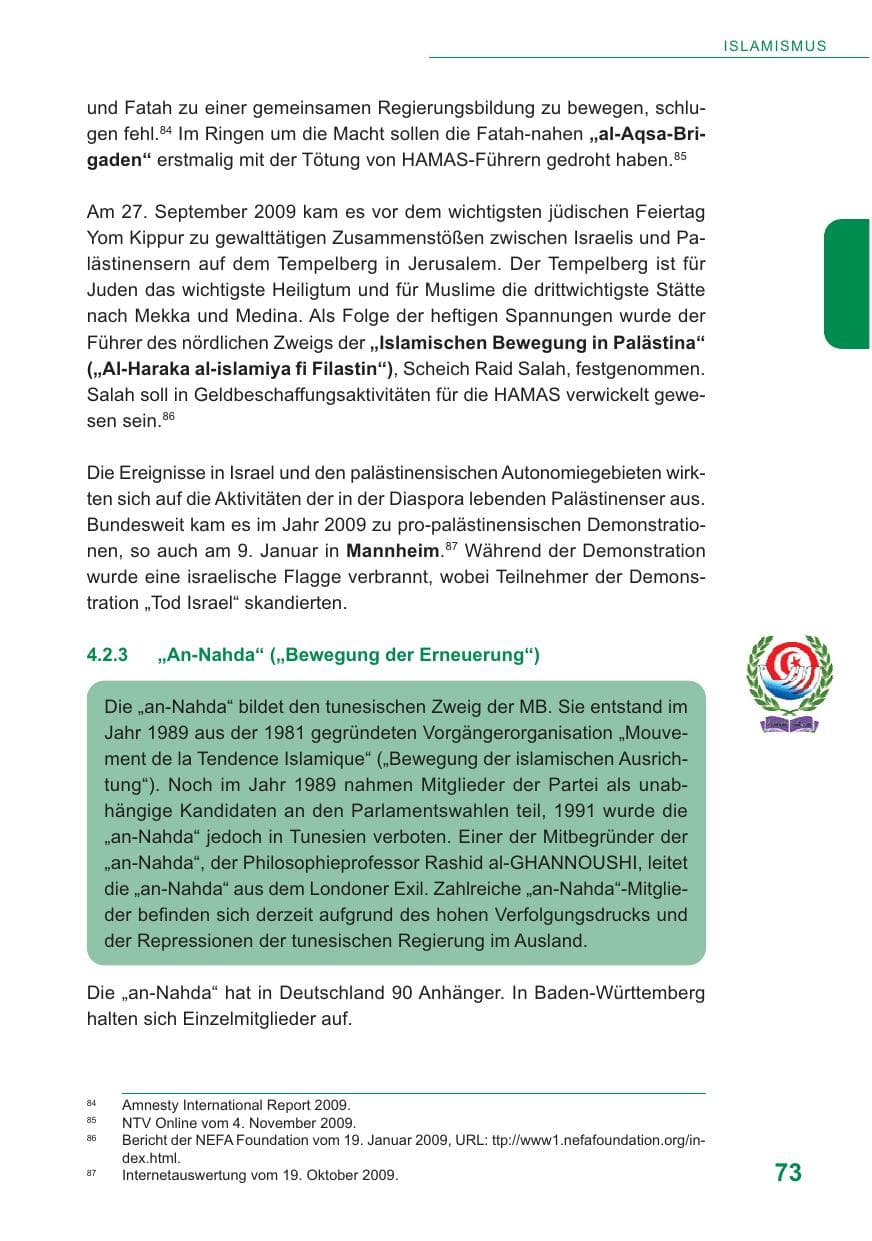 Seite 74 des Verfassungsschutzbericht 2009 Baden-Württemberg