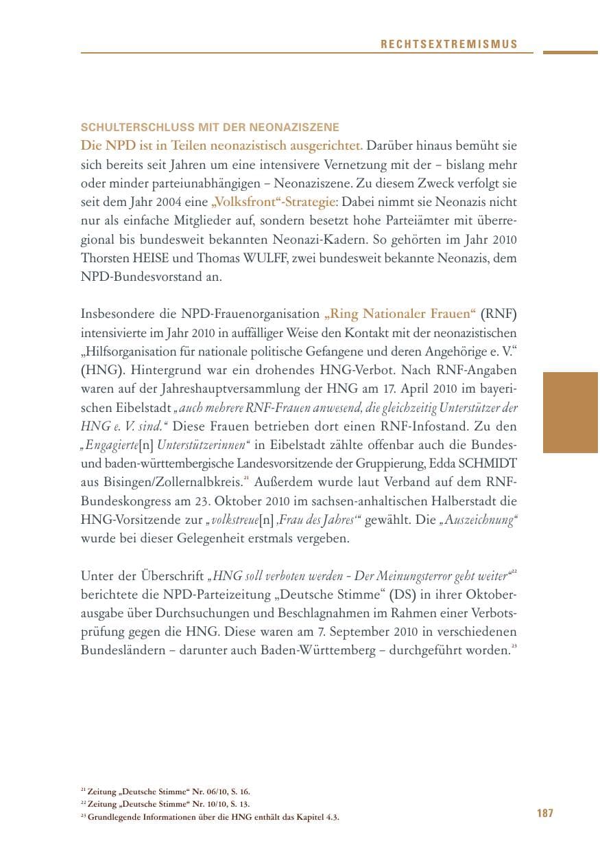 Seite 185 des Verfassungsschutzbericht 2010 Baden-Württemberg