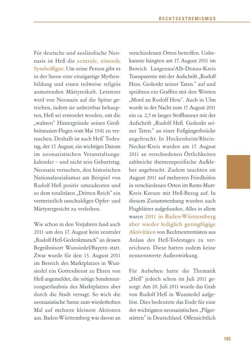Seite 186 des Verfassungsschutzbericht 2011 Baden-Württemberg