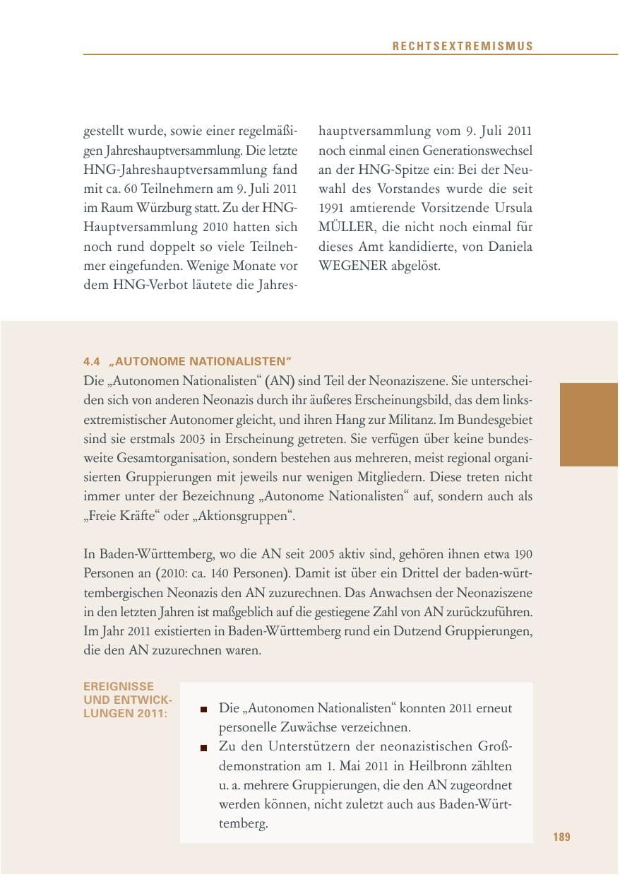 Seite 190 des Verfassungsschutzbericht 2011 Baden-Württemberg
