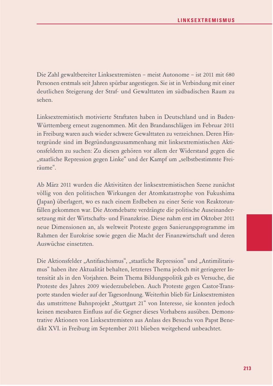Seite 214 des Verfassungsschutzbericht 2011 Baden-Württemberg