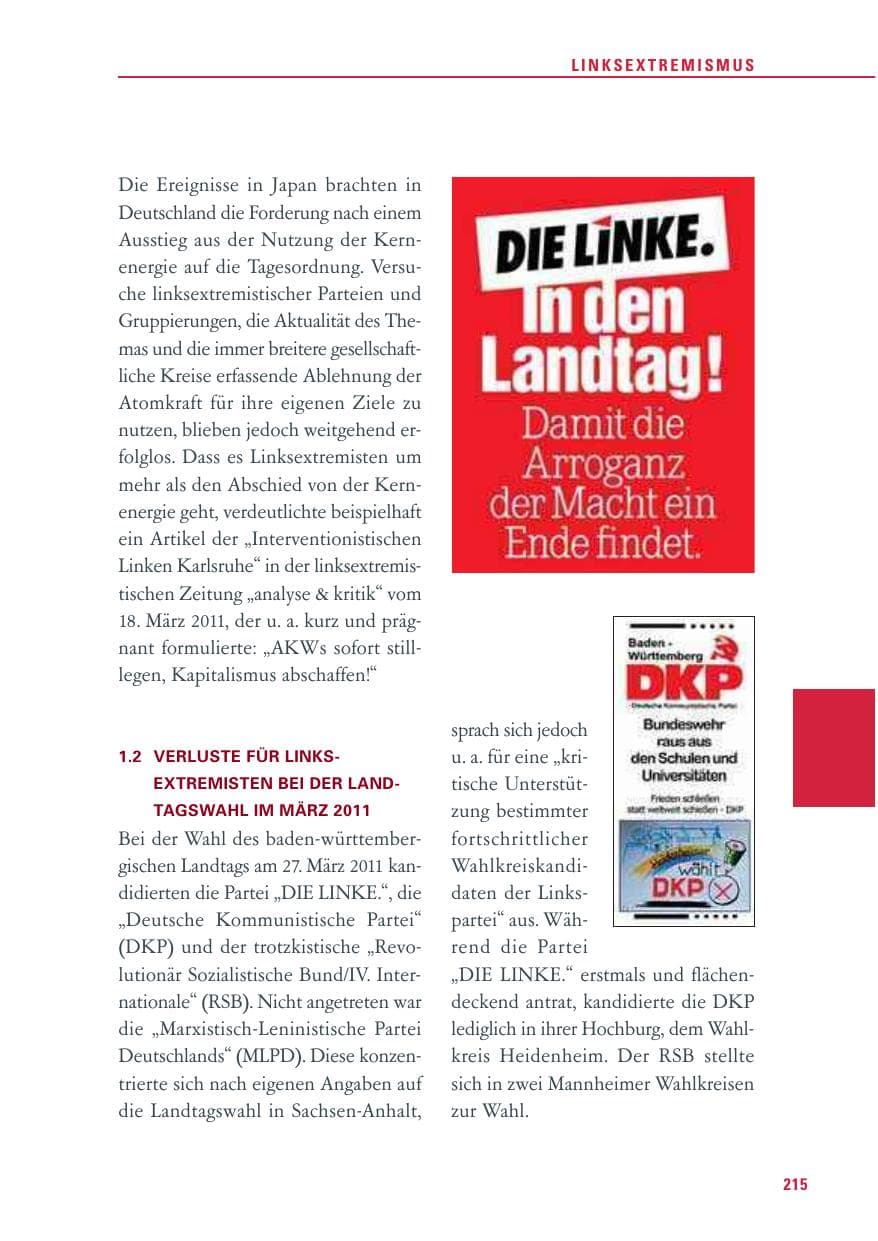 Seite 216 des Verfassungsschutzbericht 2011 Baden-Württemberg