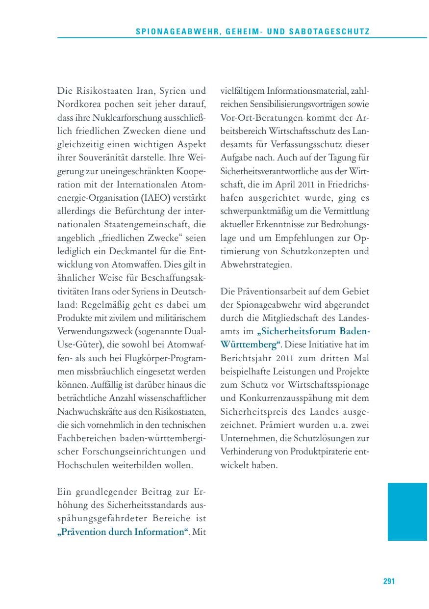 Seite 292 des Verfassungsschutzbericht 2011 Baden-Württemberg
