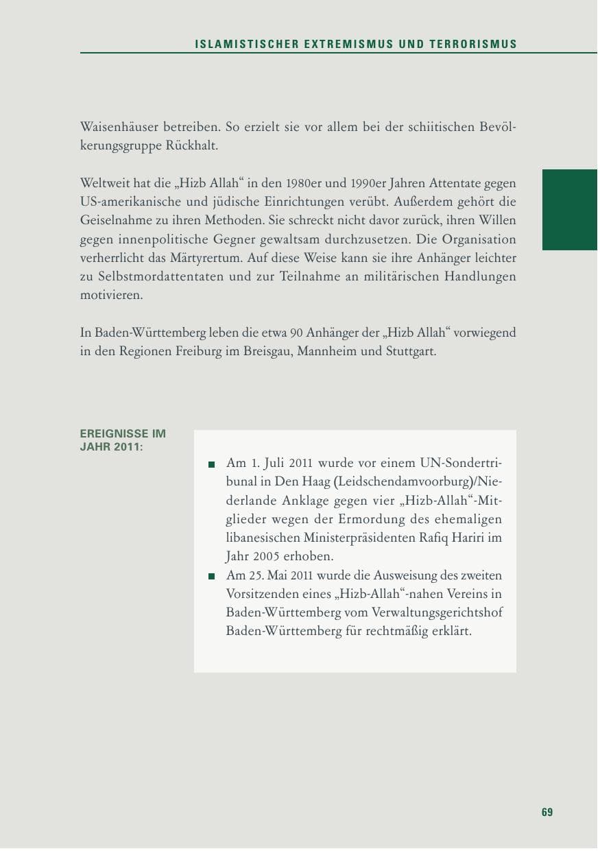 Seite 70 des Verfassungsschutzbericht 2011 Baden-Württemberg