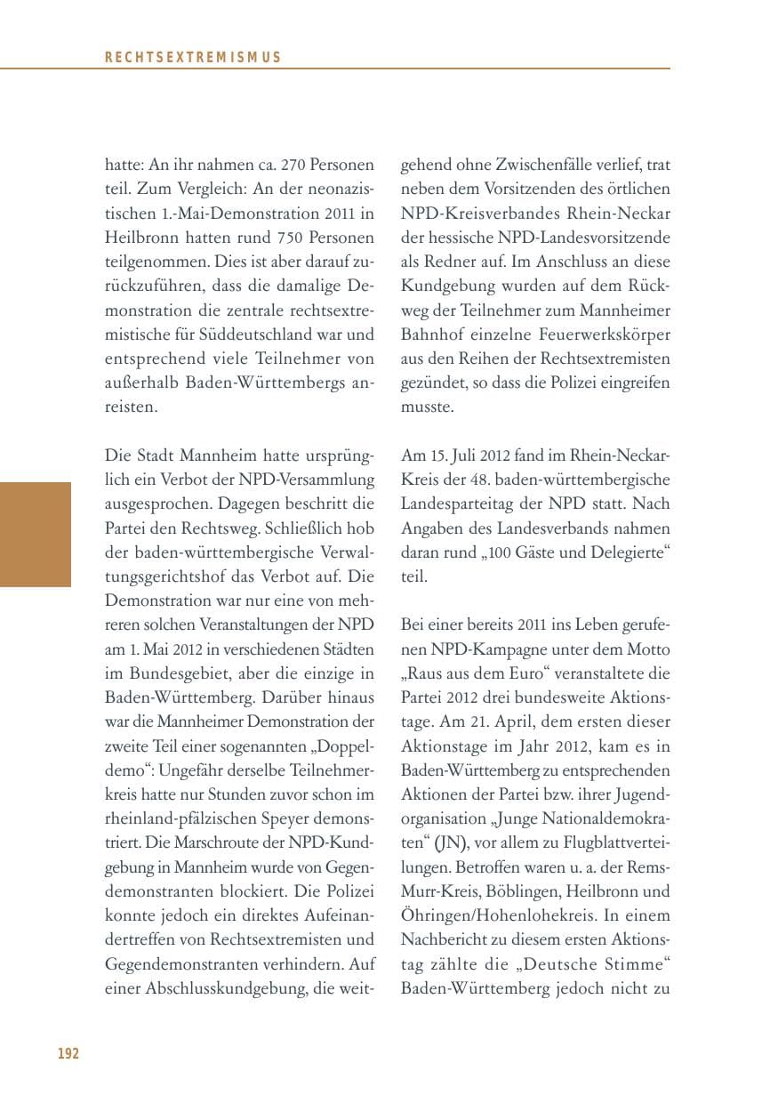 Seite 192 des Verfassungsschutzbericht 2012 Baden-Württemberg