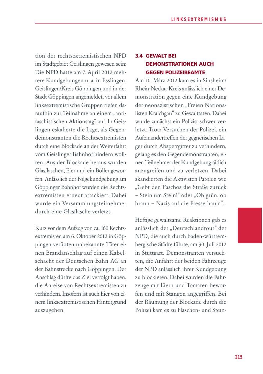 Seite 215 des Verfassungsschutzbericht 2012 Baden-Württemberg