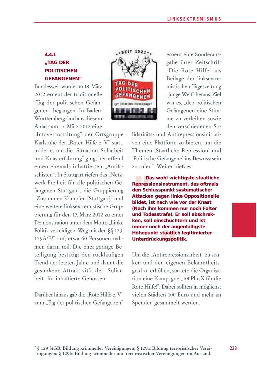 Seite 233 des Verfassungsschutzbericht 2012 Baden-Württemberg
