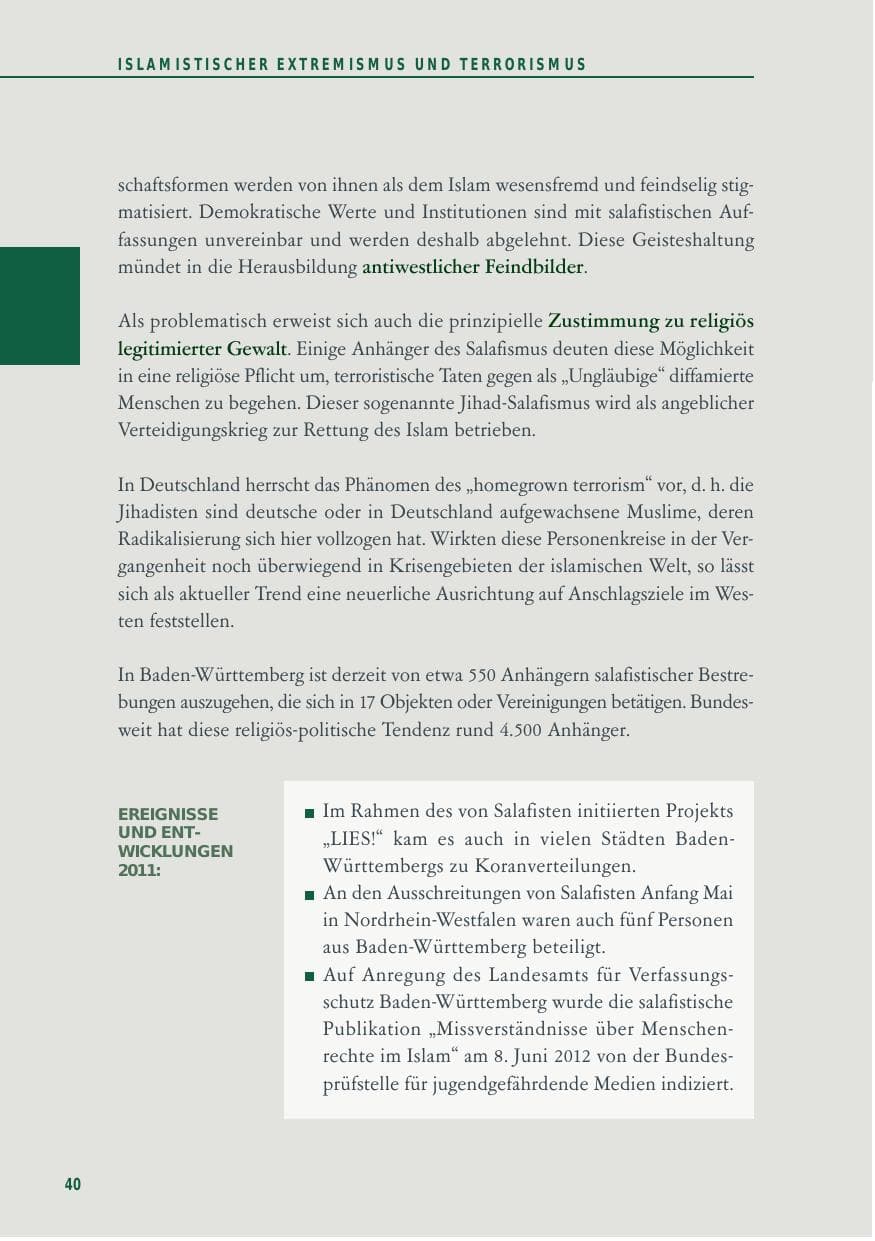 Seite 40 des Verfassungsschutzbericht 2012 Baden-Württemberg