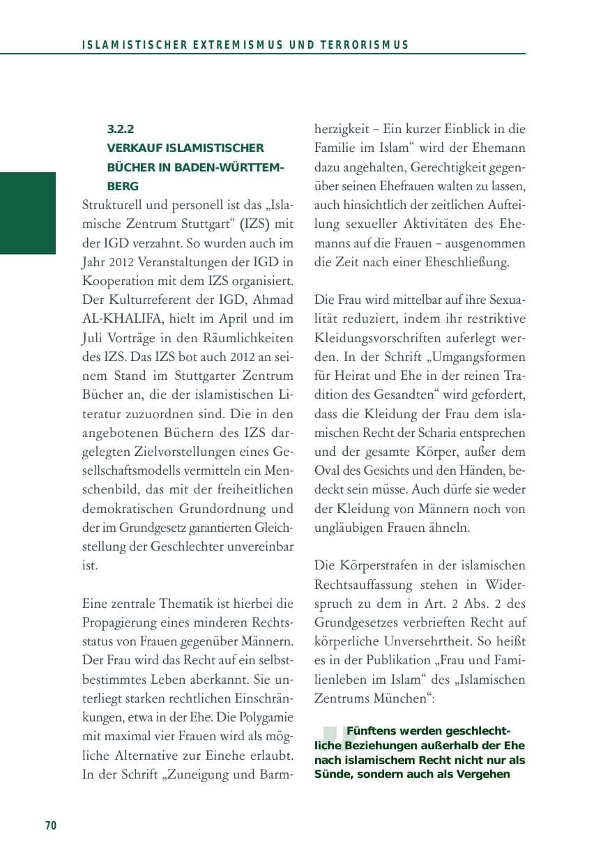 Seite 70 des Verfassungsschutzbericht 2012 Baden-Württemberg