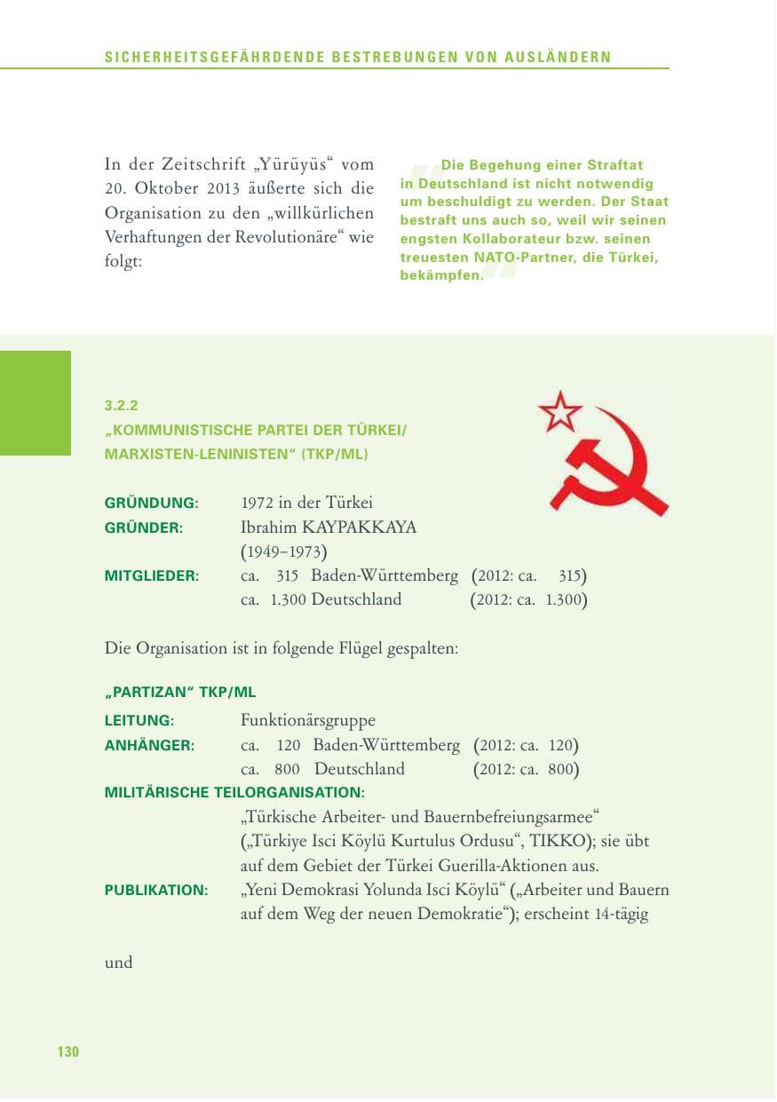 Seite 130 des Verfassungsschutzbericht 2013 Baden-Württemberg