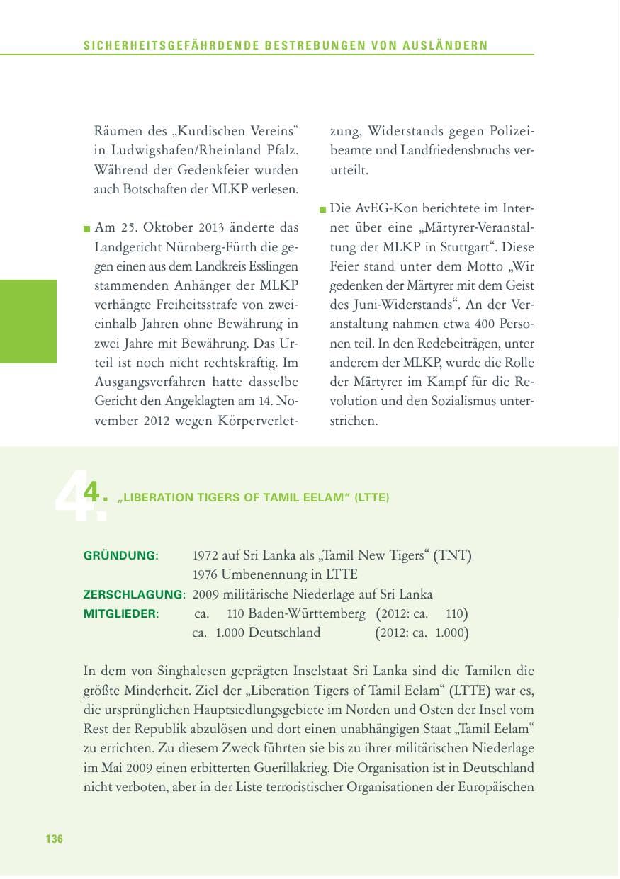 Seite 136 des Verfassungsschutzbericht 2013 Baden-Württemberg