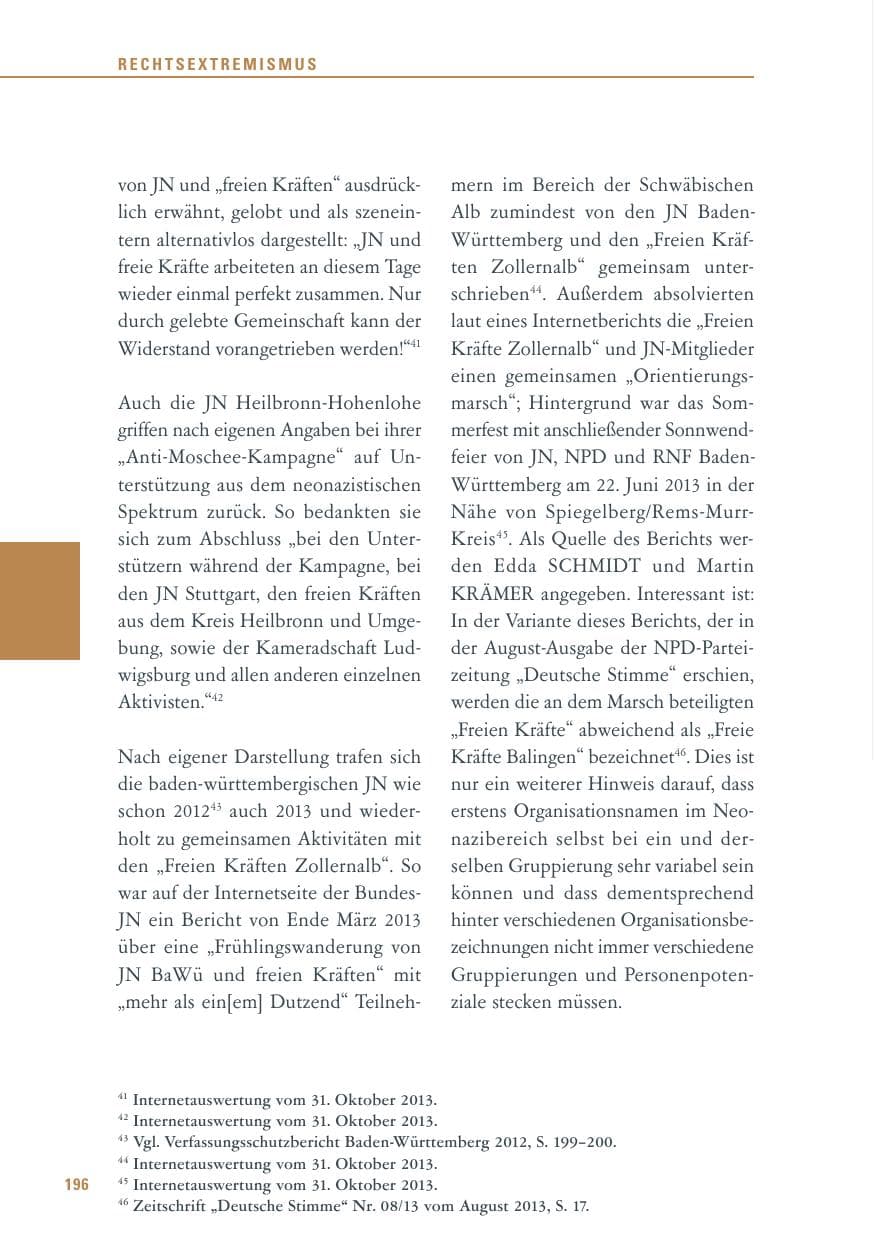 Seite 196 des Verfassungsschutzbericht 2013 Baden-Württemberg