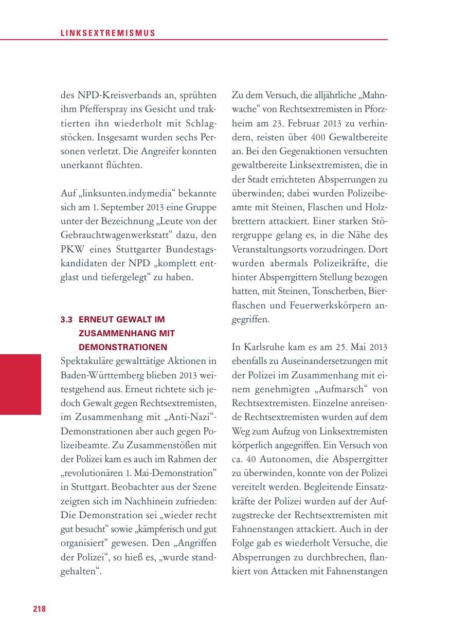 Seite 218 des Verfassungsschutzbericht 2013 Baden-Württemberg