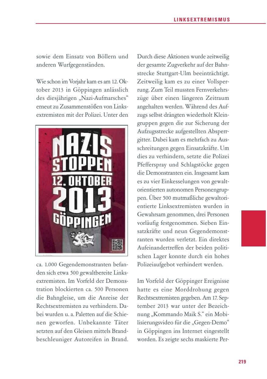 Seite 219 des Verfassungsschutzbericht 2013 Baden-Württemberg