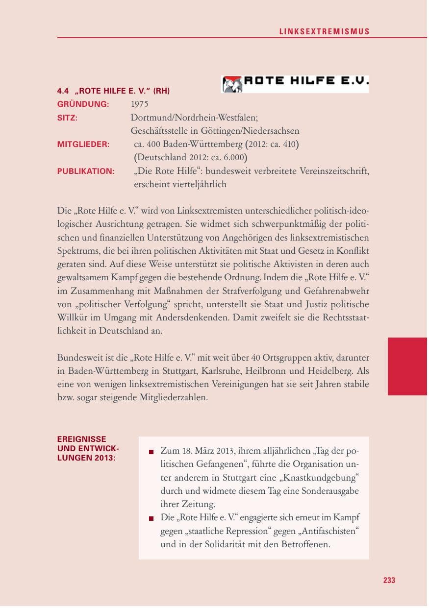 Seite 233 des Verfassungsschutzbericht 2013 Baden-Württemberg
