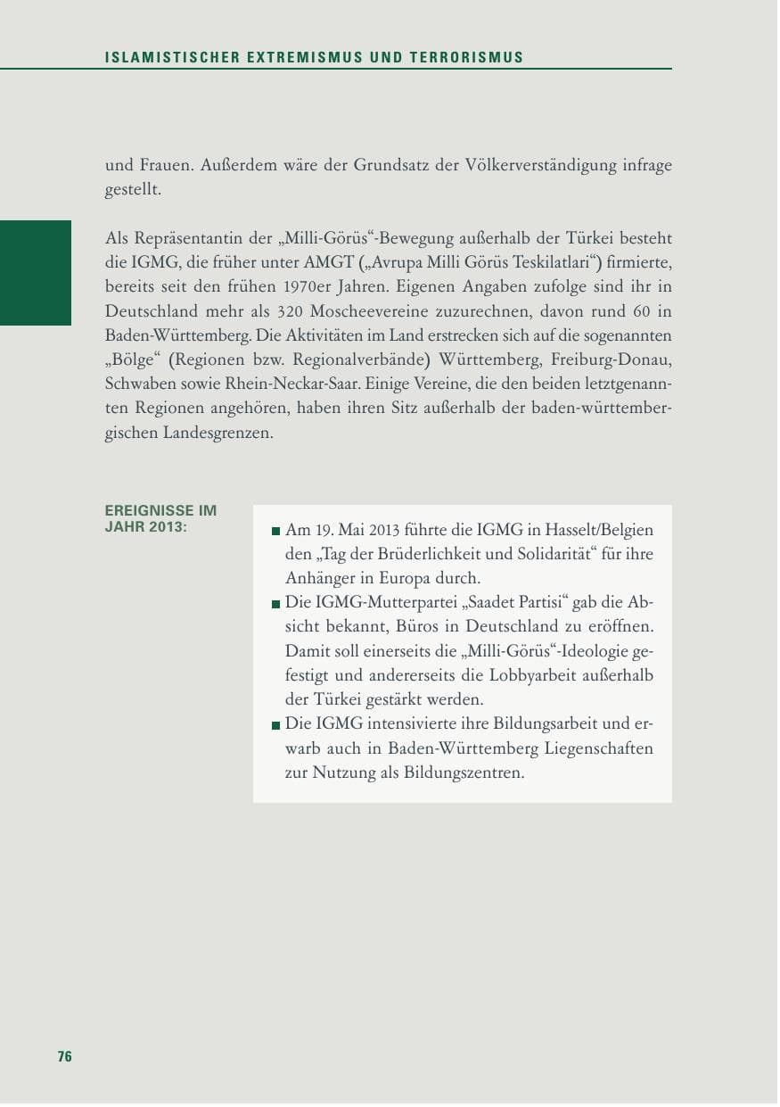 Seite 76 des Verfassungsschutzbericht 2013 Baden-Württemberg