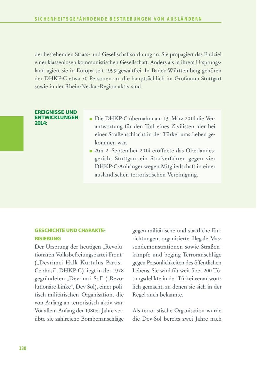 Seite 130 des Verfassungsschutzbericht 2014 Baden-Württemberg