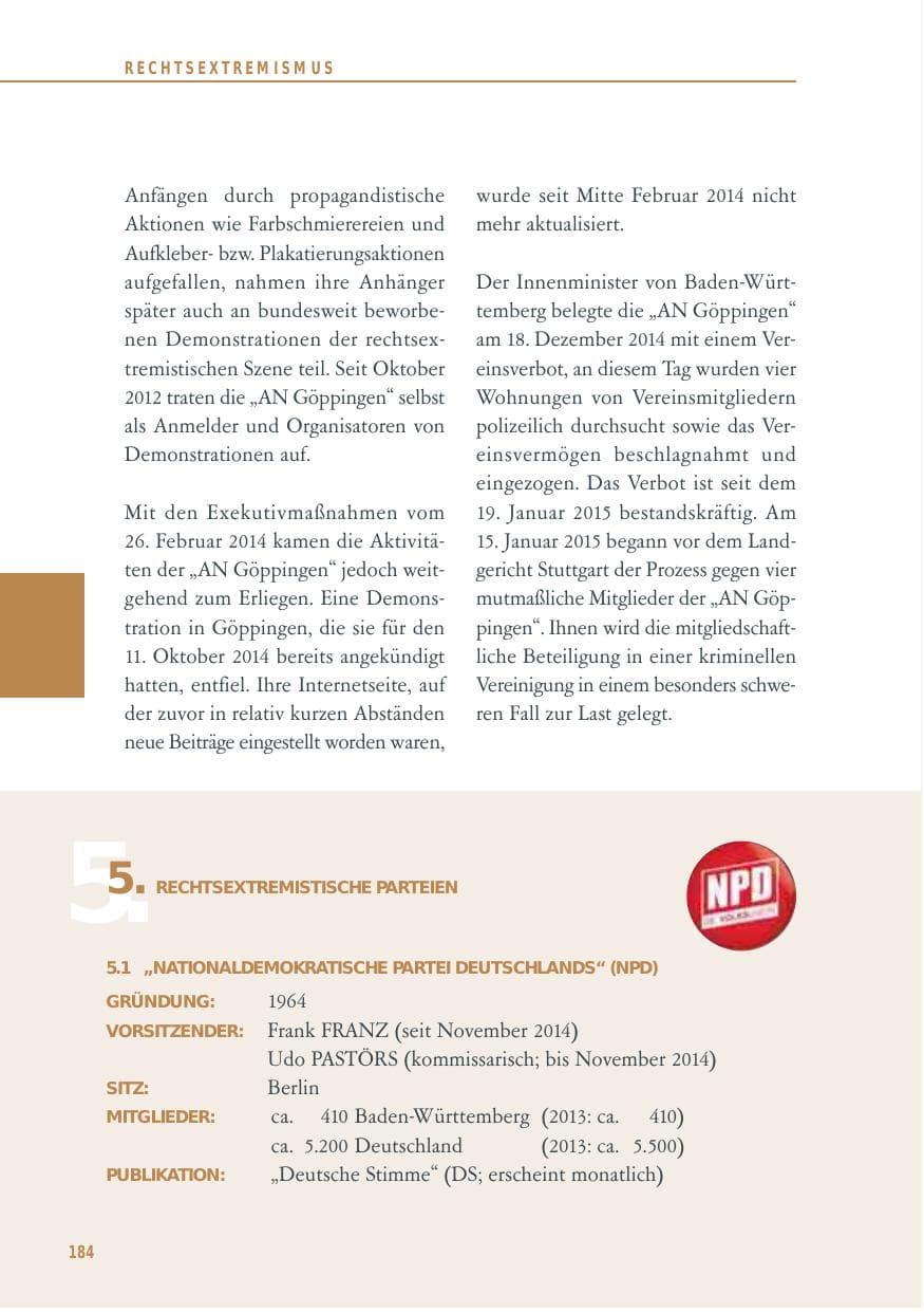 Seite 184 des Verfassungsschutzbericht 2014 Baden-Württemberg