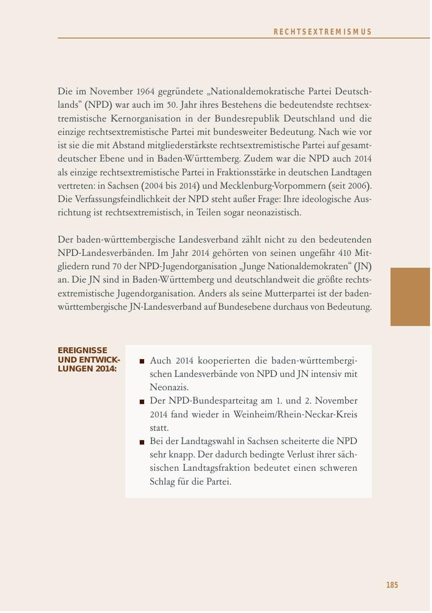 Seite 185 des Verfassungsschutzbericht 2014 Baden-Württemberg