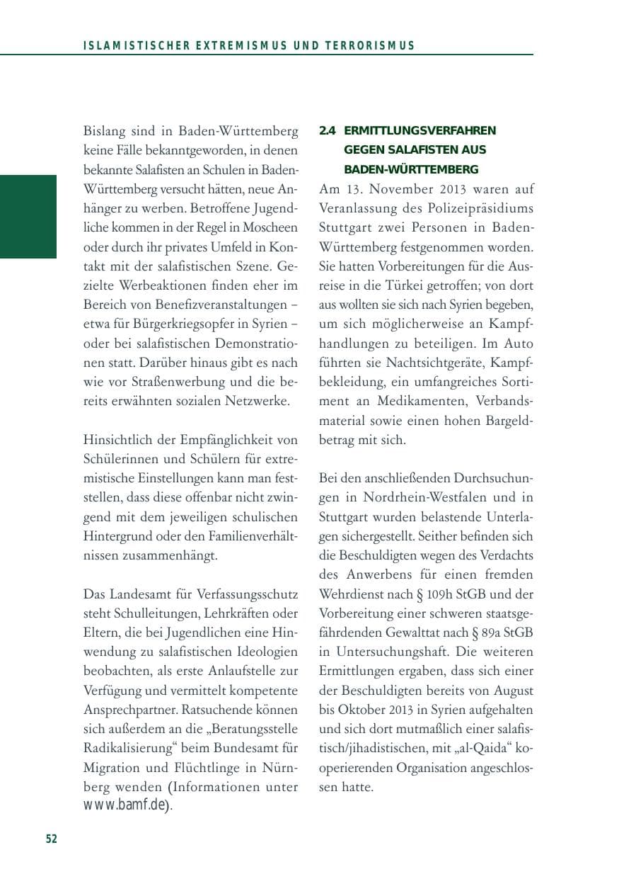 Seite 52 des Verfassungsschutzbericht 2014 Baden-Württemberg