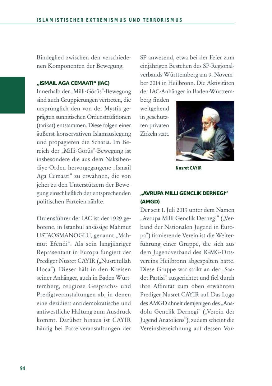 Seite 94 des Verfassungsschutzbericht 2014 Baden-Württemberg