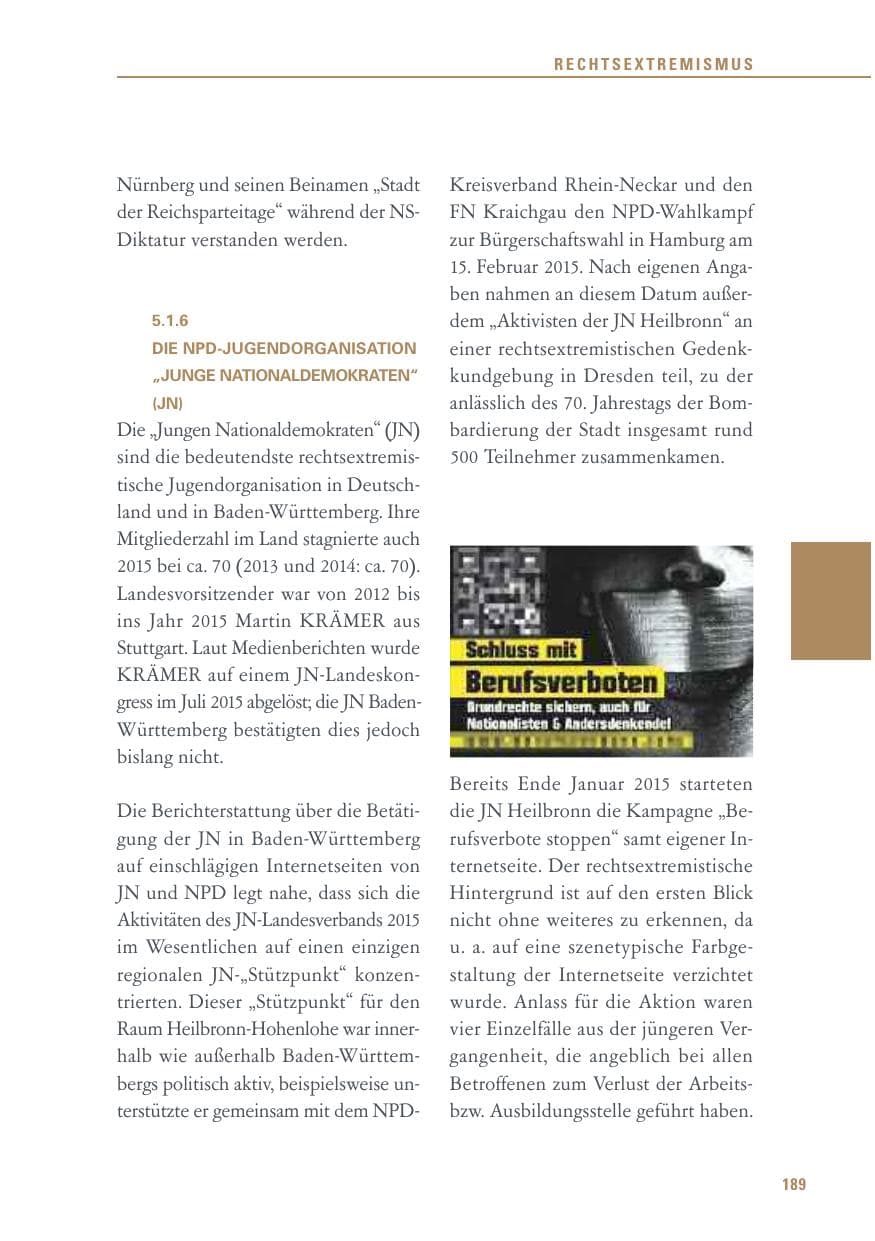 Seite 189 des Verfassungsschutzbericht 2015 Baden-Württemberg