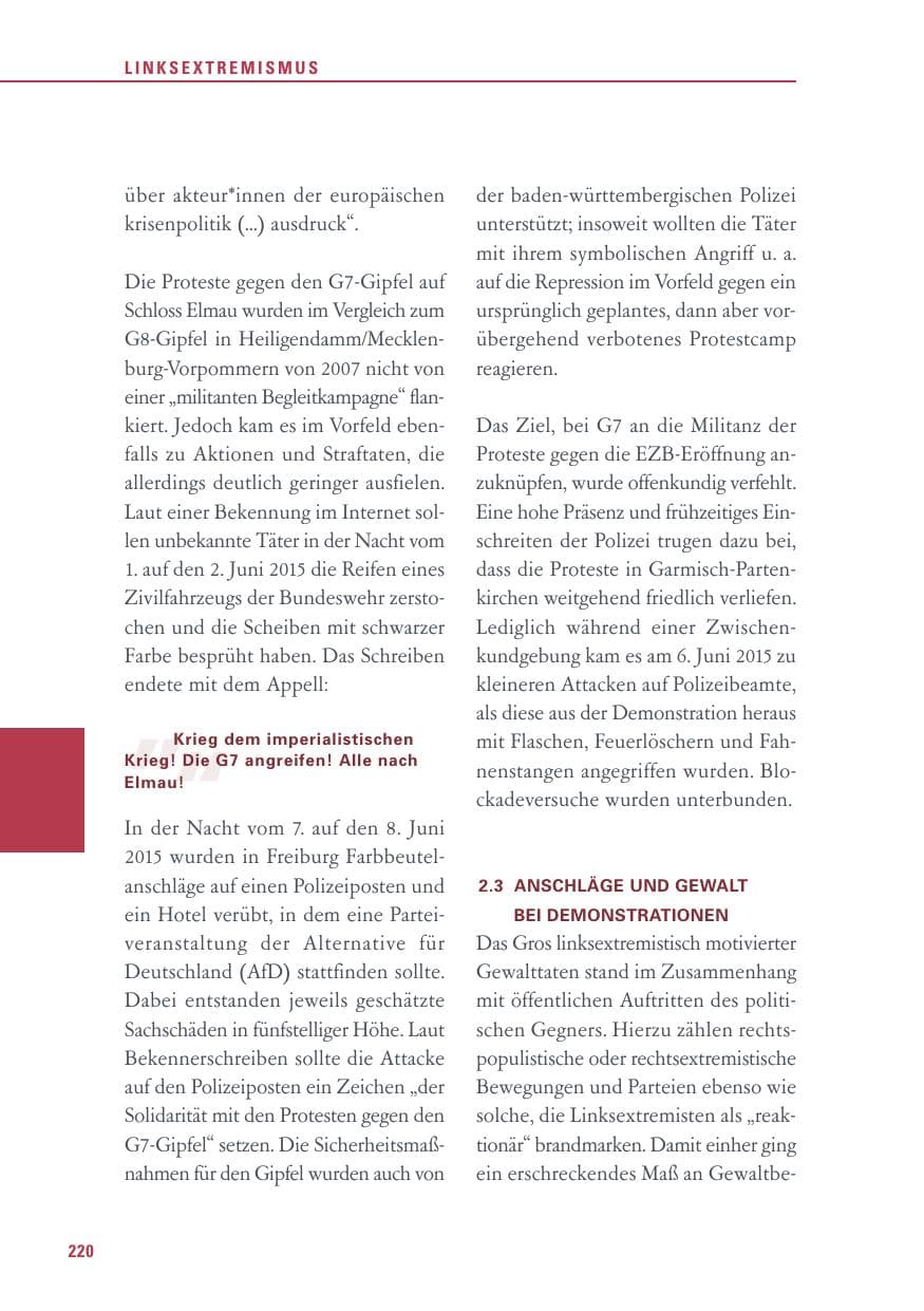 Seite 220 des Verfassungsschutzbericht 2015 Baden-Württemberg