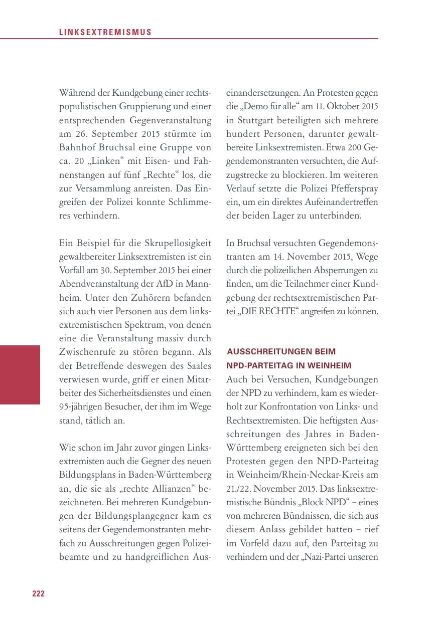 Seite 222 des Verfassungsschutzbericht 2015 Baden-Württemberg