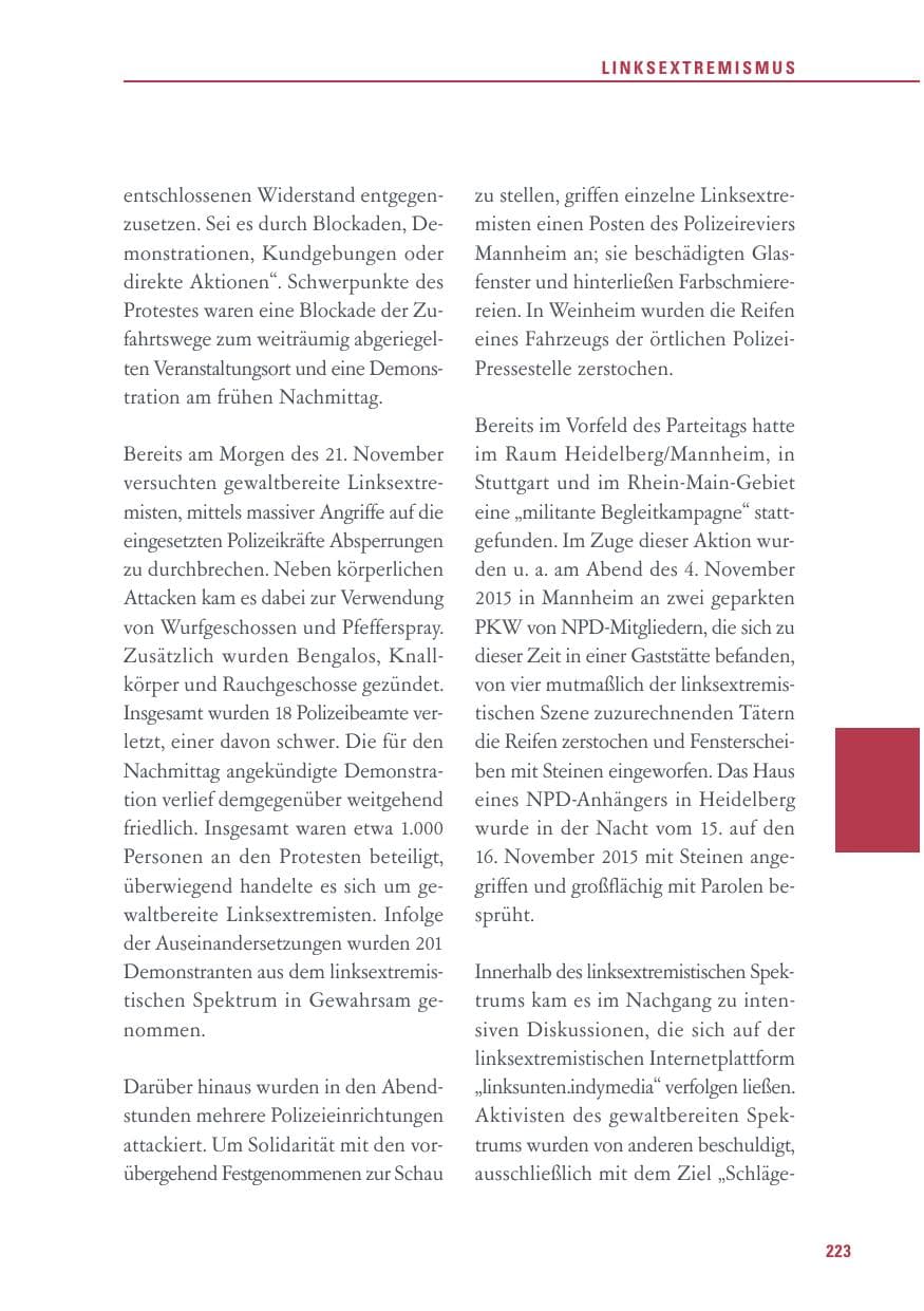 Seite 223 des Verfassungsschutzbericht 2015 Baden-Württemberg