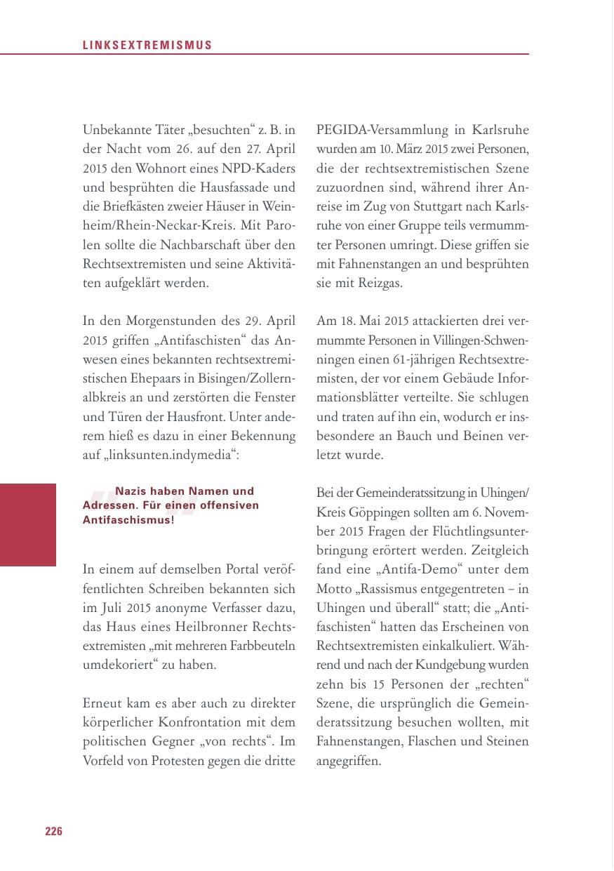 Seite 226 des Verfassungsschutzbericht 2015 Baden-Württemberg